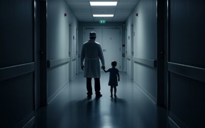 Symbolbild: Arzt mit Kind im dunklen Krankenhausflur — Vorsorgeuntersuchung