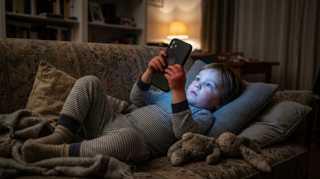 Kleinkind im Schlafanzug auf dem Sofa, Smartphone-Display leuchtet kaltes Blau auf das Gesicht, Stofftier liegt ignoriert daneben.