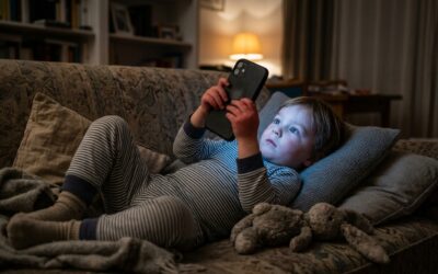 Kleinkind im Schlafanzug auf dem Sofa, Smartphone-Display leuchtet kaltes Blau auf das Gesicht, Stofftier liegt ignoriert daneben.