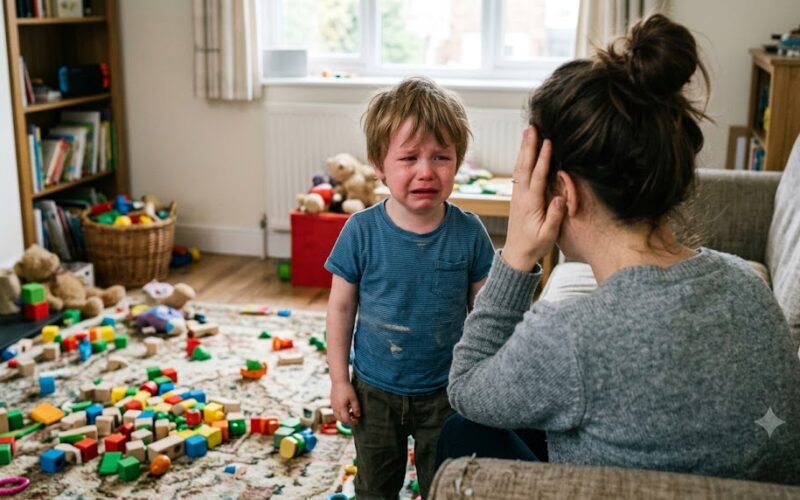 Kind weint vor erschöpfter Mutter