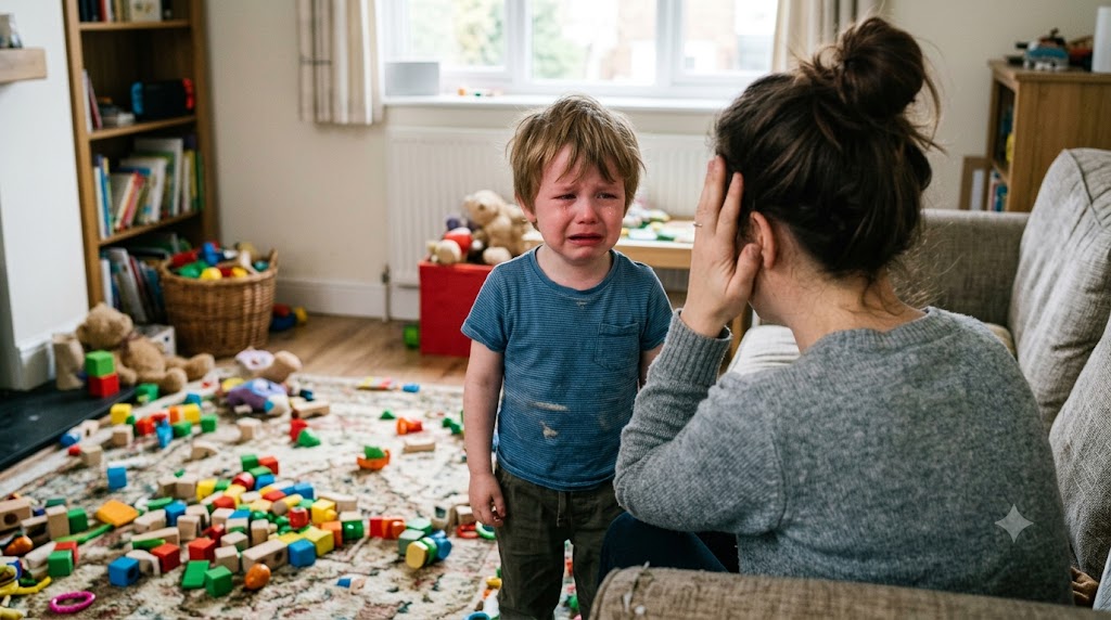 Kind weint vor erschöpfter Mutter